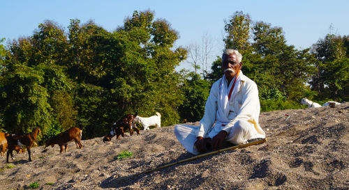 Man sitting on sand against trees