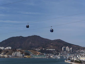 Overhead cable car over sea against mountains