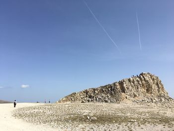 Scenic view of beach against clear blue sky