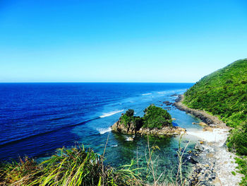 Scenic view of sea against clear blue sky