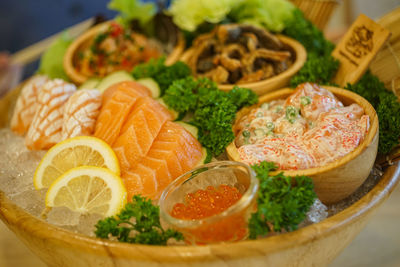 Close-up of seafood served on table