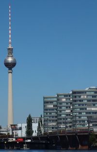 Low angle view of buildings against clear blue sky