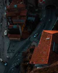 High angle view of street amidst buildings in city
