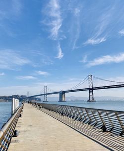 View of suspension bridge against cloudy sky