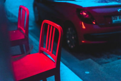 High angle view of empty seats in bus