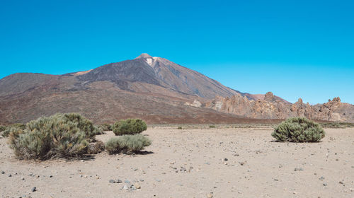 Scenic view of desert against clear blue sky