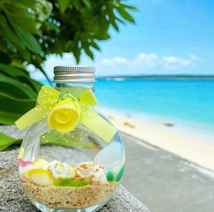 Close-up of drink on table at beach