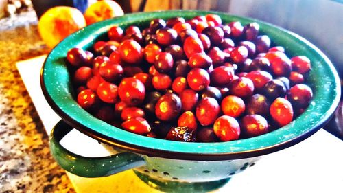 High angle view of fruits in bowl on table