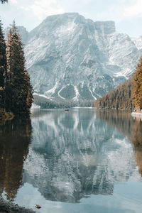 Scenic view of snowcapped mountains reflecting on lake against sky