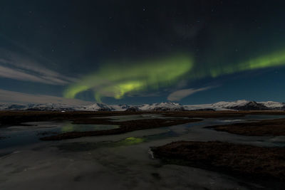 Scenic aurora borealis over vatnajokull glacier