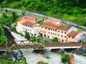 High angle view of river by buildings