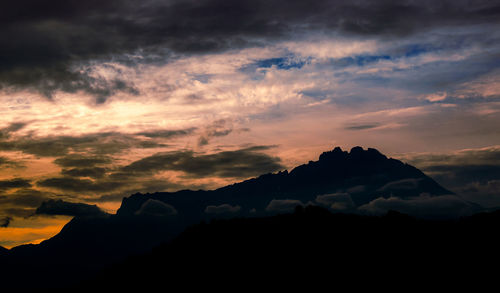 Scenic view of silhouette mountain against dramatic sky