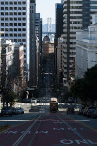 View of city street and modern buildings