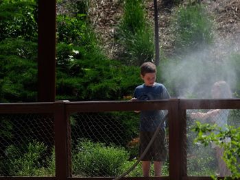 Rear view of boy looking at waterfall in forest