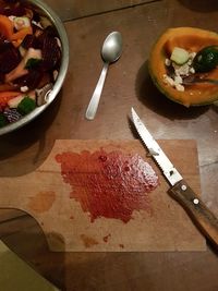 High angle view of chopped vegetables on cutting board