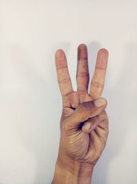 Close-up of human hand against white background