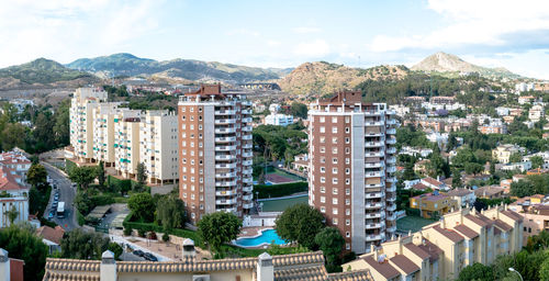 High angle view of buildings in city against sky