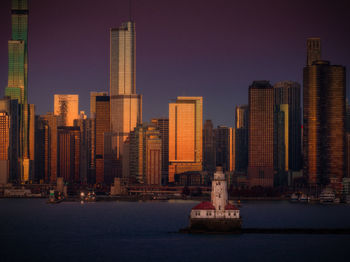 Chicago lighthouse aerial view with city skyline in background