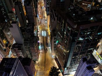 High angle view of city buildings at night