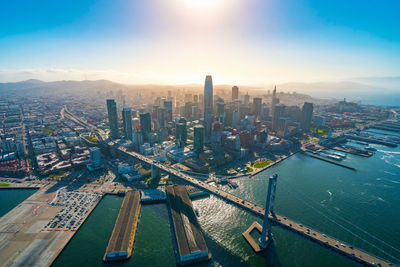 High angle view of city buildings against sky