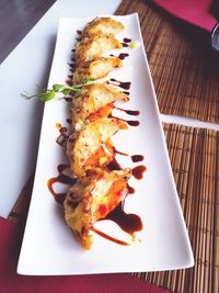 High angle view of food in plate on table
