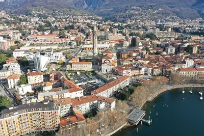 High angle shot of townscape against cityscape