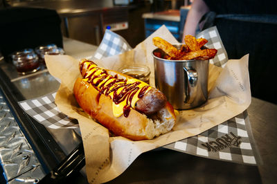 Close-up of food served on table in restaurant