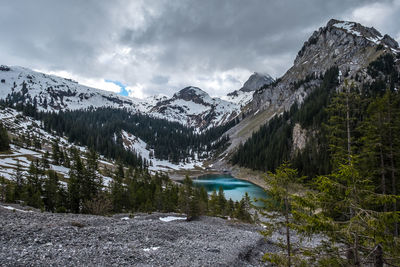 Scenic view of snowcapped mountains by lake against sky