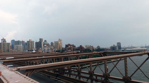 Bridge over river amidst buildings in city against sky