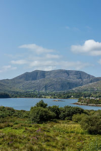 Scenic view of lake and mountains against sky