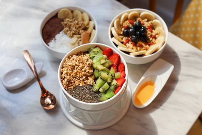 High angle view of breakfast served on table