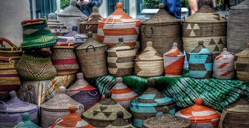 Stack of wicker baskets for sale in market