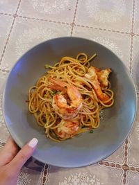 High angle view of noodles served in plate on table