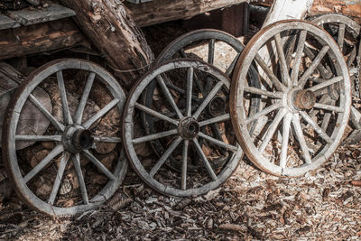 Low angle view of abandoned wheel on field