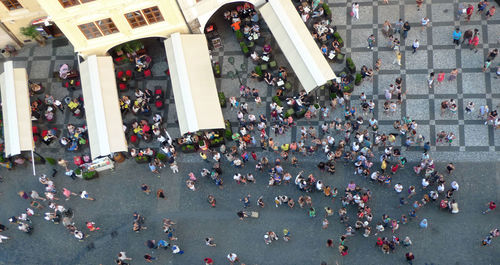 High angle view of people on street in city