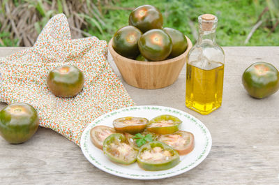 Close-up of fruits served on table