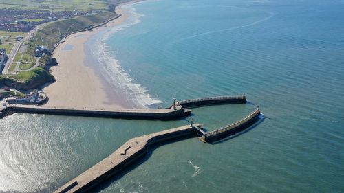 High angle view of boats in sea