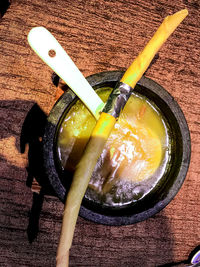 High angle view of drink on table