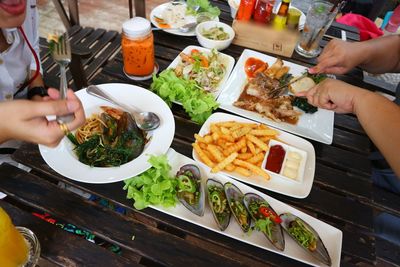 High angle view of people eating food