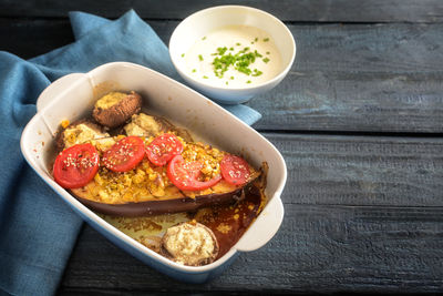 High angle view of food in bowl on table