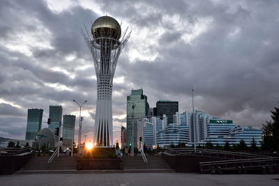 Modern buildings in city against cloudy sky