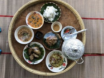 High angle view of fish in bowl on table