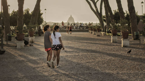 Rear view of people walking on road against trees