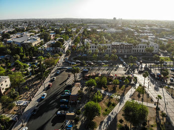 High angle view of street amidst buildings in city