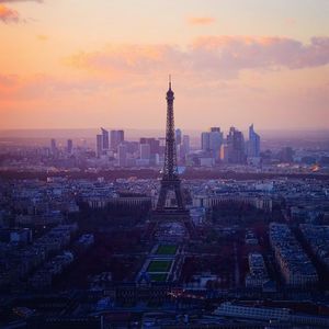 City skyline at sunset