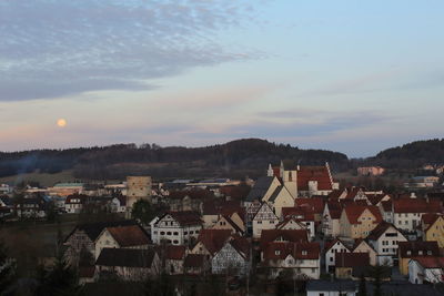 High angle shot of townscape against sky