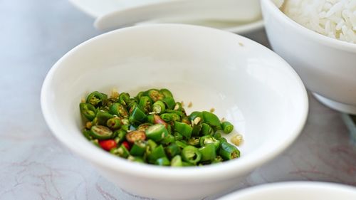 High angle view of fruits in bowl on table