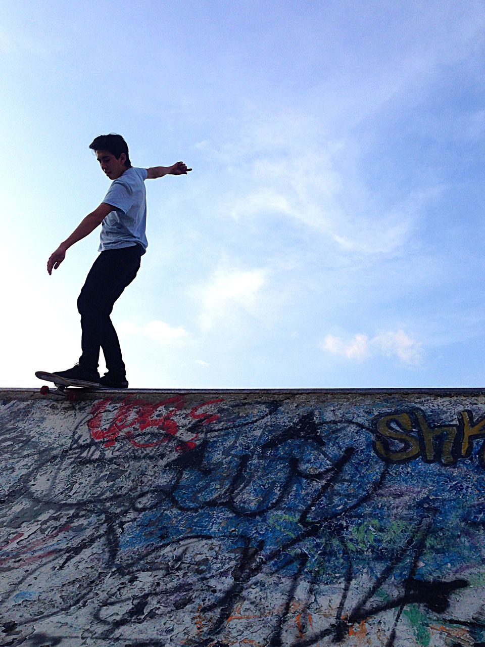 full length, lifestyles, leisure activity, casual clothing, sky, standing, boys, person, low angle view, childhood, men, blue, elementary age, young adult, young men, arms outstretched, day, fun