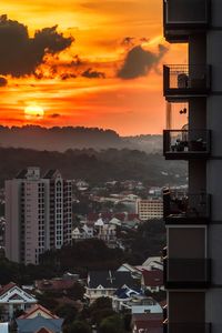 High angle view of townscape against sky during sunset