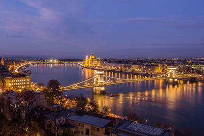 Illuminated bridge over river at night